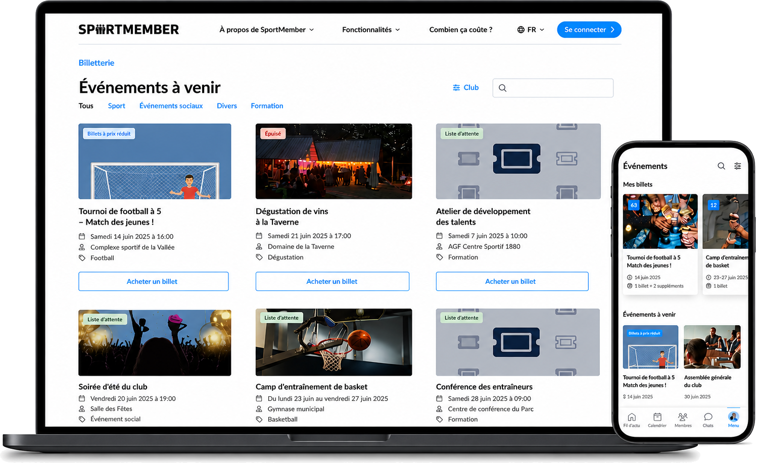 La billetterie du club dans SportMember sur ordinateur